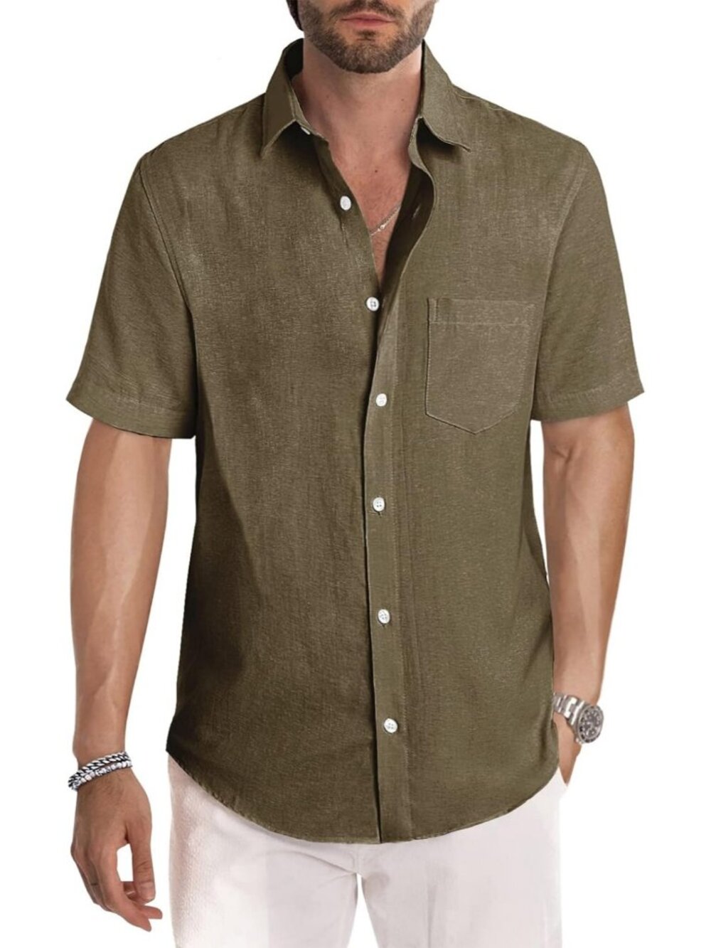 Men's Short Sleeve Brown Stylish Collared Casual Beach Button Down Shirt